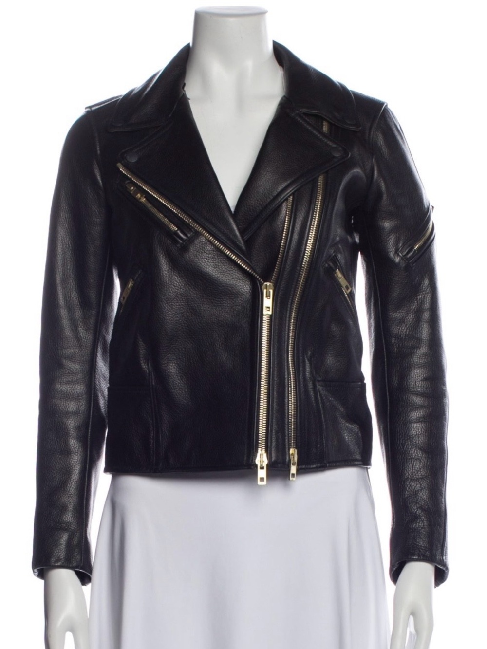 Classic Black Leather Moto Jacket with Gold Zippers